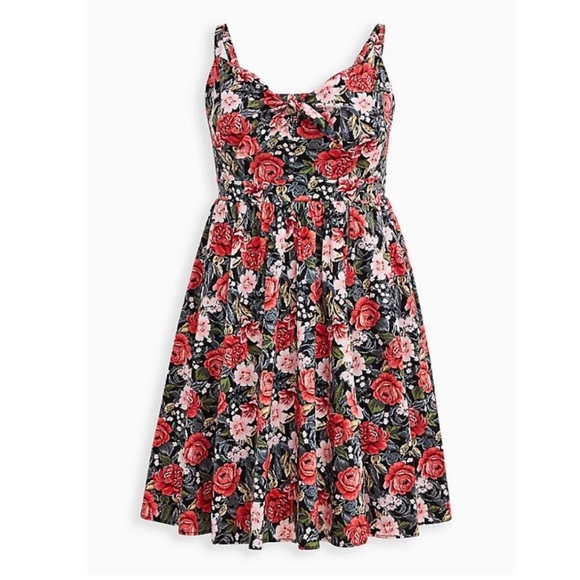 TORRID NWT TIE FRONT SKATER DRESS - POPLIN FLORAL BLACK - Picture 1 of 6
